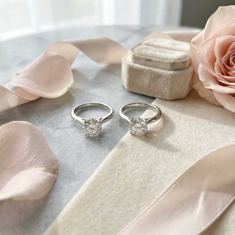 moissanite and diamond engagement ring on a table