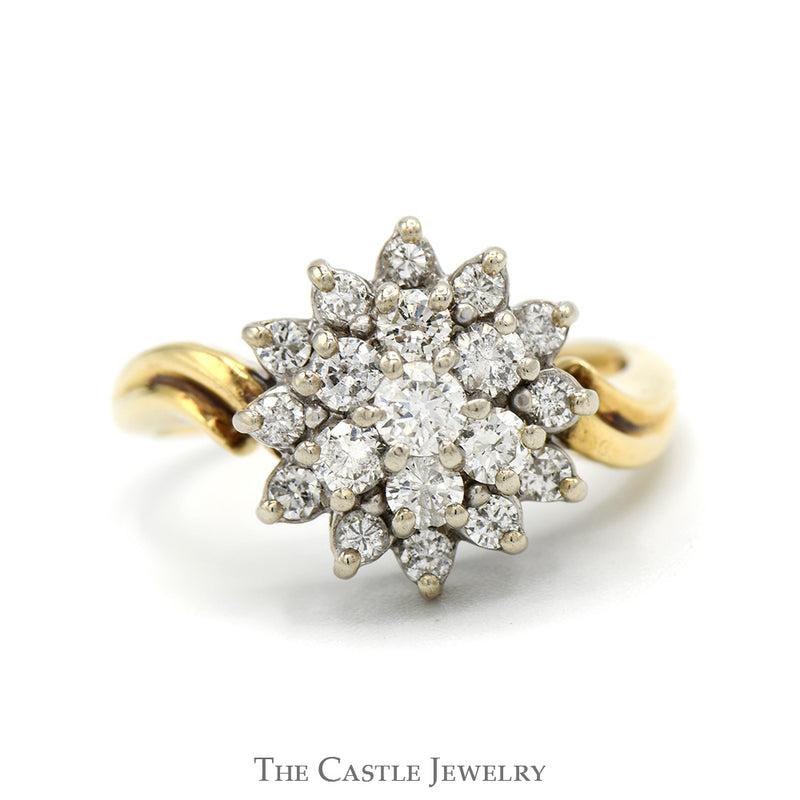 1cttw Snowflake Shaped Round Diamond Cluster Ring in 14k Yellow Gold
