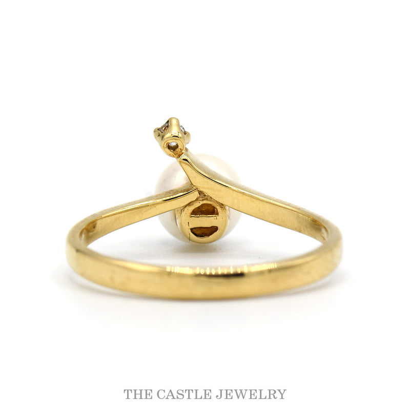 Round Pearl Solitaire Ring with Diamond Accent in 14k Yellow Gold Bypass
