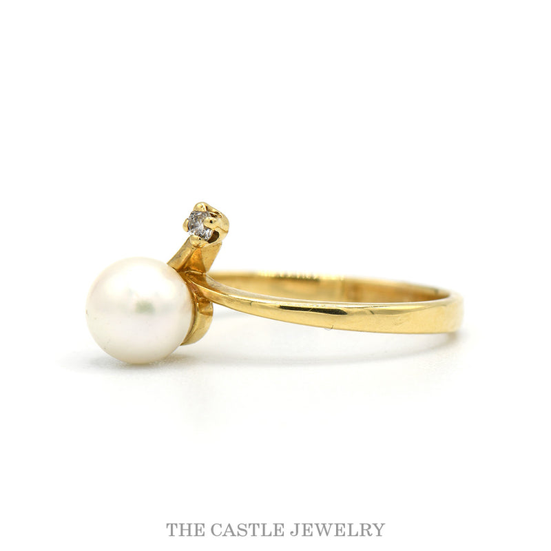 Round Pearl Solitaire Ring with Diamond Accent in 14k Yellow Gold Bypass