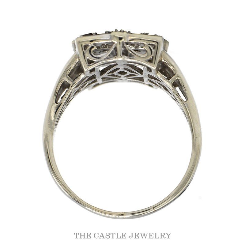 Front-facing view of the rectangular multi colored diamond cluster ring in 10k white gold