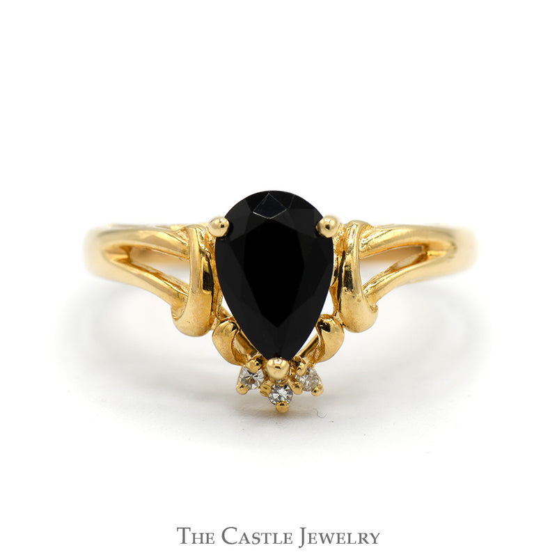Pear Cut Black Onyx Ring with Diamond Accents in 14k Yellow Gold