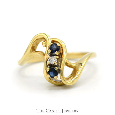 Round Sapphire & Diamond Open Swirl Designed Ring in 14k Yellow Gold