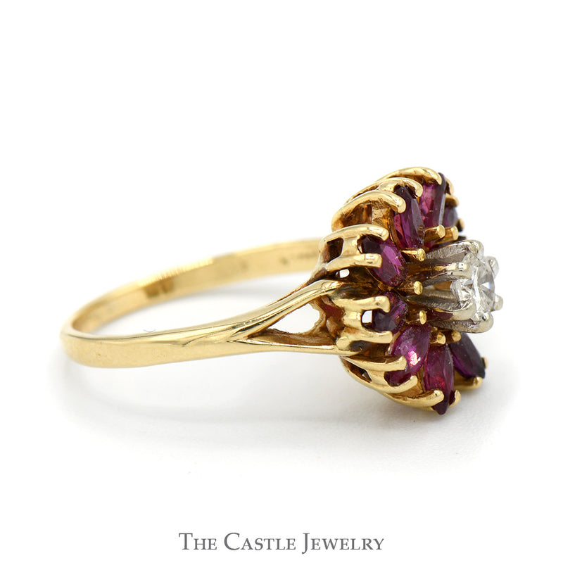Round Diamond Ring with Marquise Ruby Halo in 14k Yellow Gold