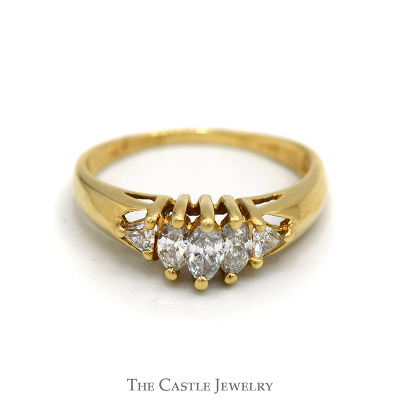 Marquise 3 Diamond Ring with Trillion Accents in 14K Yellow Gold