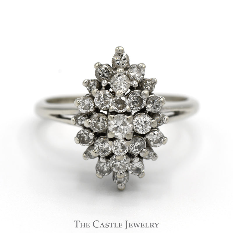 3/4cttw Marquise Shaped Round Diamond Cluster Ring with Split Shank Sides in 14k White Gold