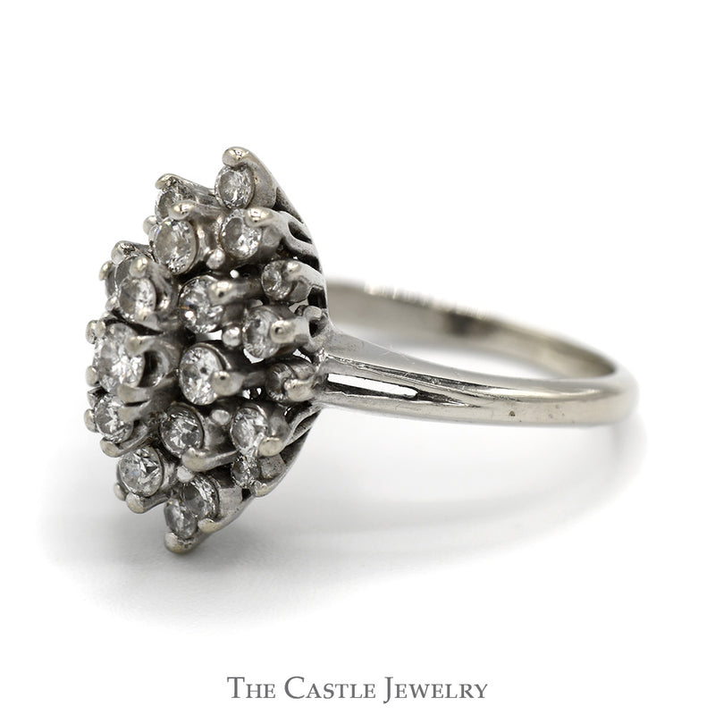 3/4cttw Marquise Shaped Round Diamond Cluster Ring with Split Shank Sides in 14k White Gold