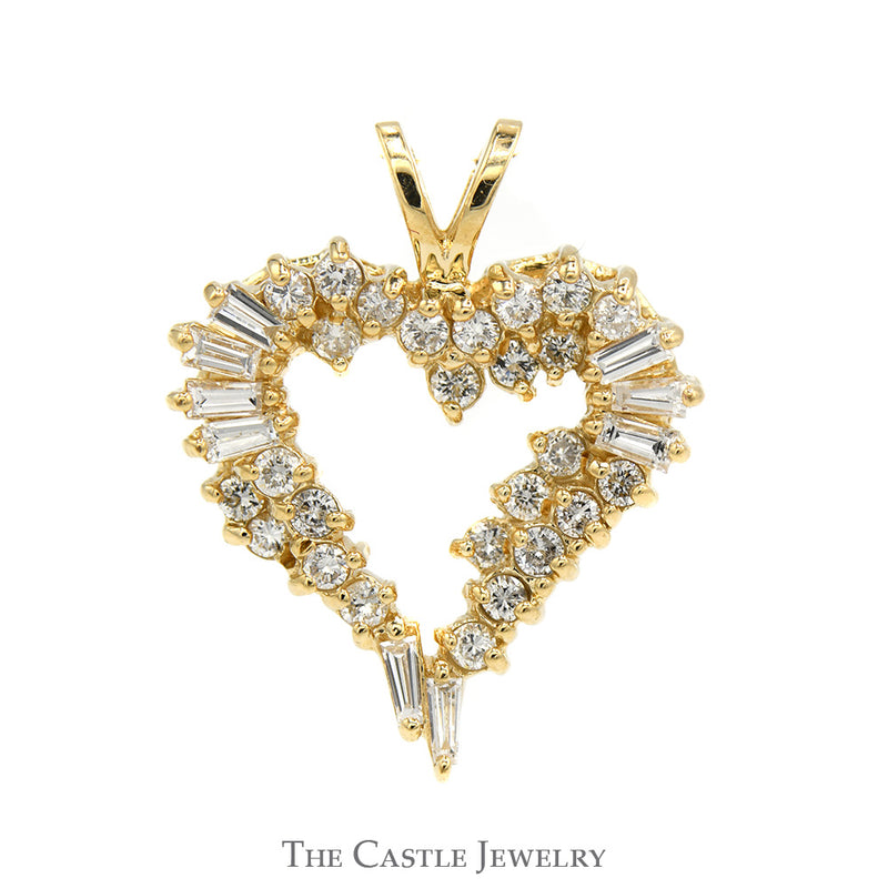 Open Heart 1/2cttw Round and Baguette Diamond Cluster Pendant in 14k Yellow Gold