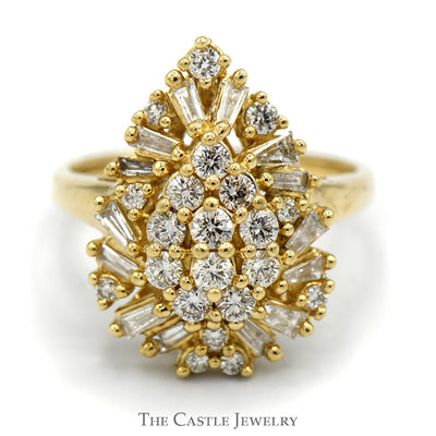 Pear Shaped Round and Baguette Cut Diamond Cluster Cocktail Ring in 10k Yellow Gold