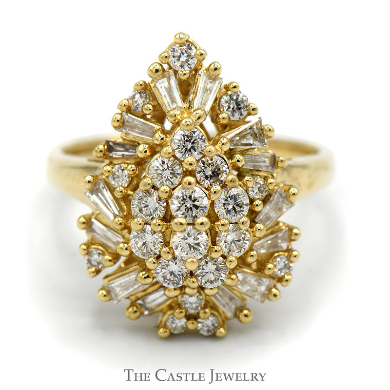 Pear Shaped Round and Baguette Cut Diamond Cluster Cocktail Ring in 10k Yellow Gold