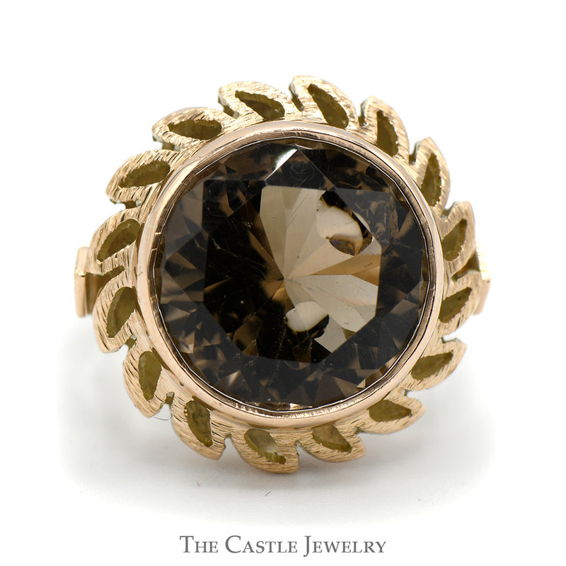 Round Smokey Quartz Ring with Leaf Designed Open Bezel in 14k Yellow Gold