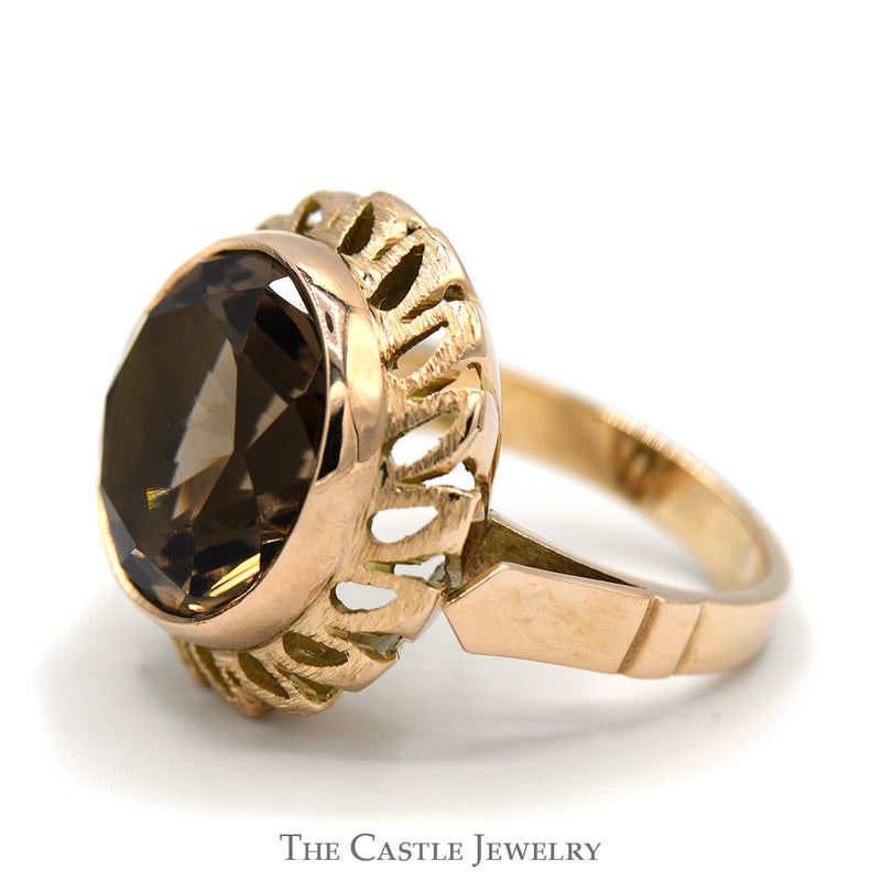 Round Smokey Quartz Ring with Leaf Designed Open Bezel in 14k Yellow Gold