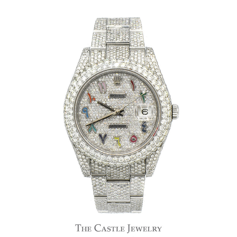Iced Out Diamond Rolex Datejust 116334 41mm Watch with Diamond Oyster Bracelet, Bezel, Case & Arabic Dial
