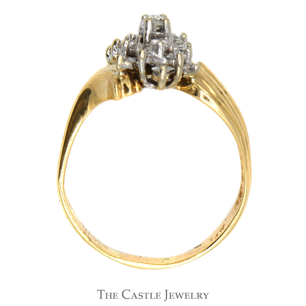 1/2cttw Cocktail Diamond Cluster Ring in 14k Yellow Gold Ridged Bypass Mounting