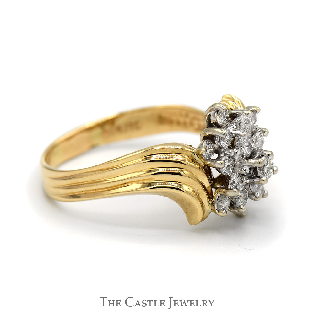 1/2cttw Cocktail Diamond Cluster Ring in 14k Yellow Gold Ridged Bypass Mounting