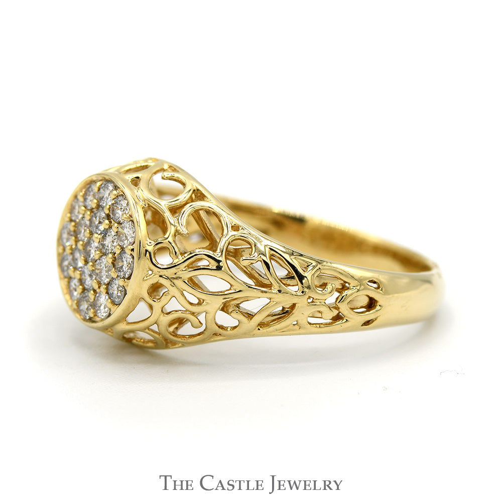 1/2cttw Diamond Kentucky Cluster Ring with Open Filigree Sides in 10k Yellow Gold