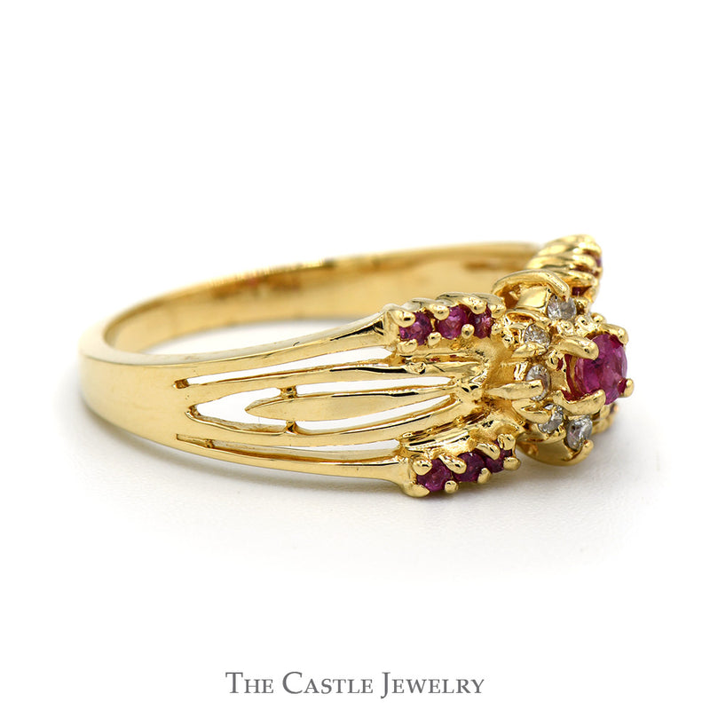 Ruby & Diamond Cluster Ring with Split Shank Ornate Sides in 14k Yellow Gold