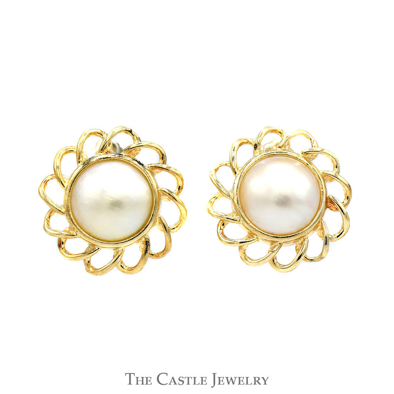 Mabe Pearl Earrings with Open Scalloped Bezels in 14k Yellow Gold Butterfly Pushbacks