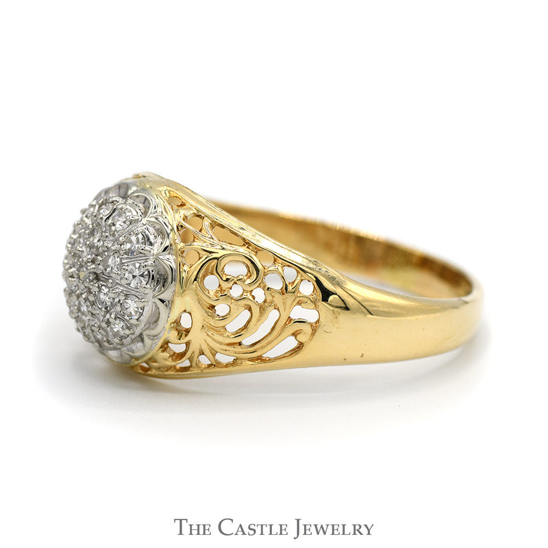 1/2cttw Diamond Kentucky Cluster Ring with Open Filigree Sides in 10k Yellow Gold