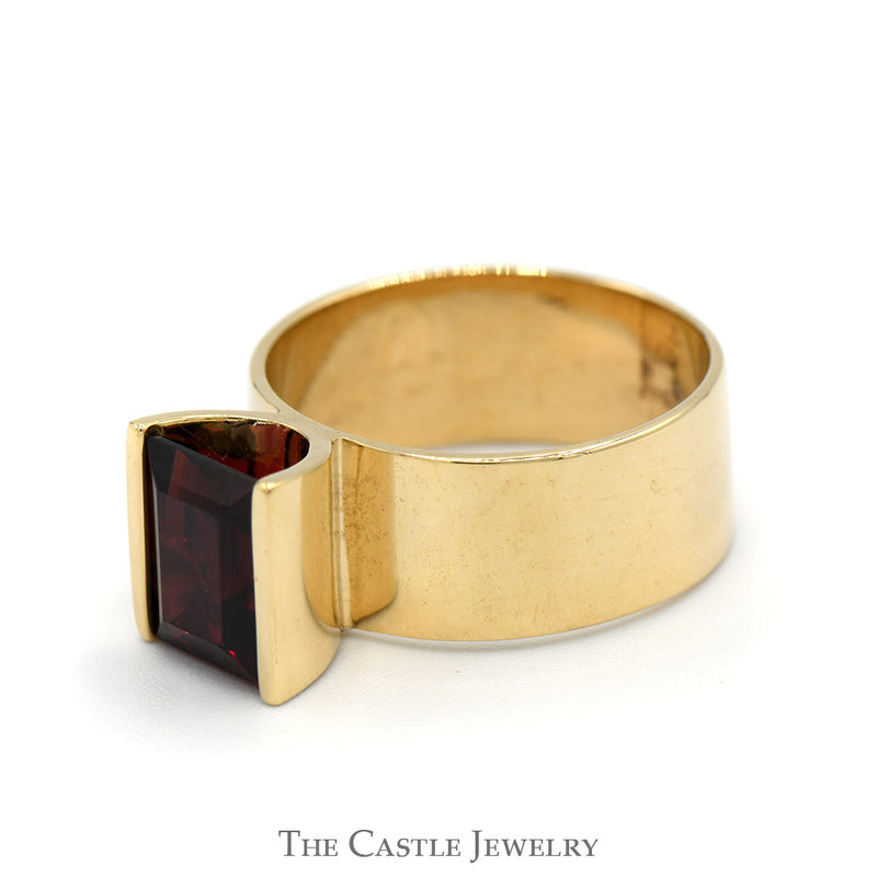 Emerald Cut Garnet Ring in 14k Yellow Gold 8mm Wide Polished Band