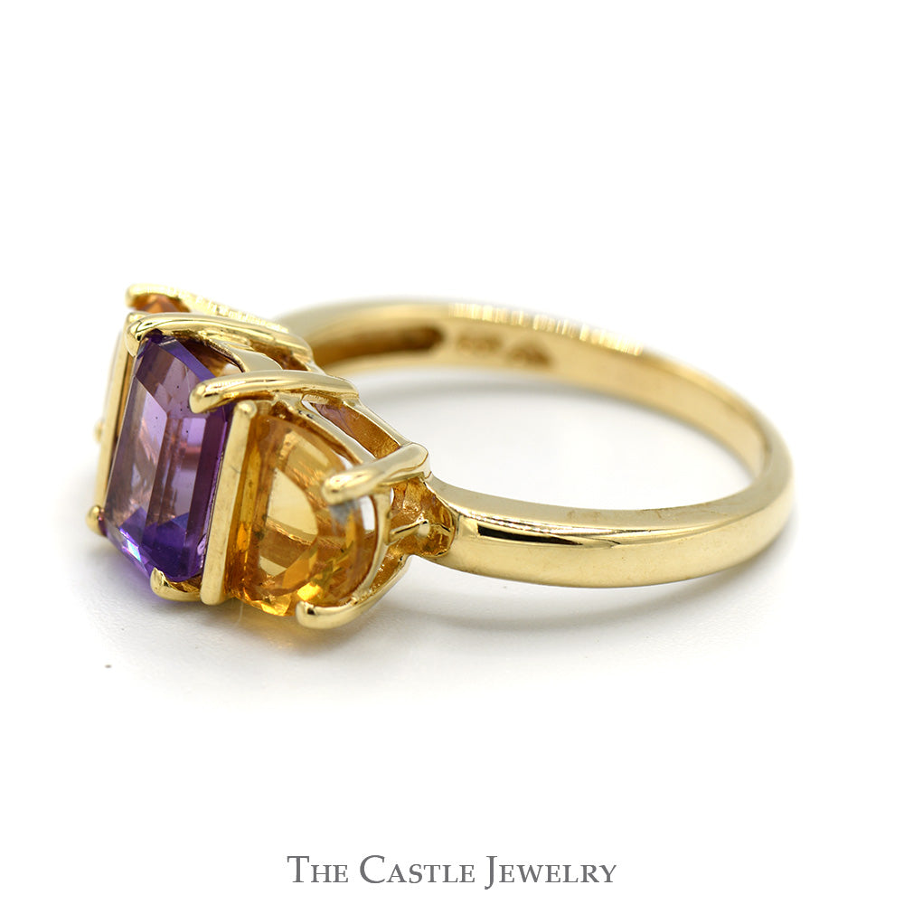 Emerald Cut Amethyst and Semi Circle Citrine Sides in 10k Yellow Gold