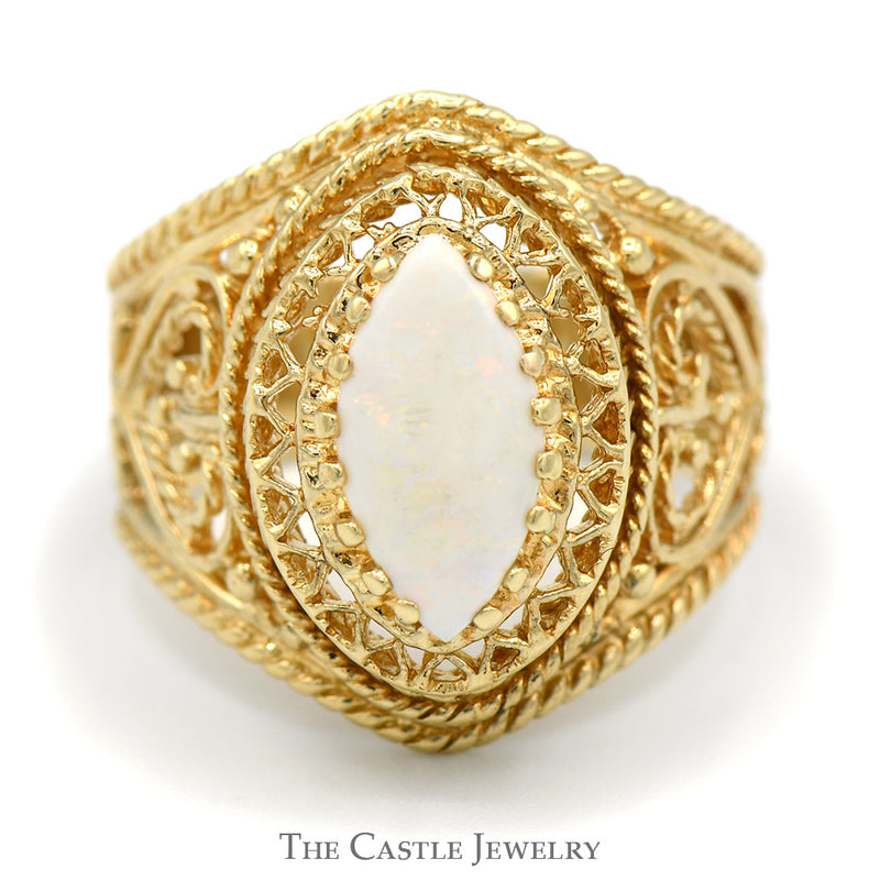 Marquise Cut Opal Dome Ring with Filigree Sides in 10k Yellow Gold