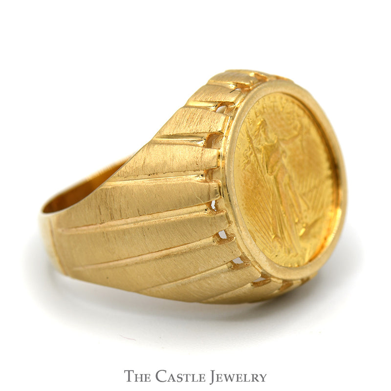 Liberty Coin Ring in Grooved Designed Mounting in 14k Yellow Gold