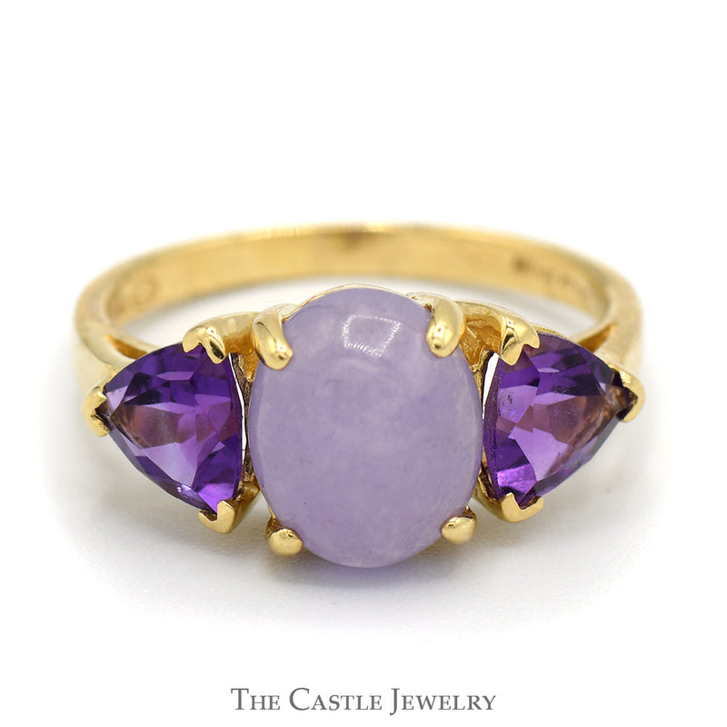 Oval Cabochon Lavender Jade Ring with Trillion Cut Amethyst Accents in 14k Yellow Gold