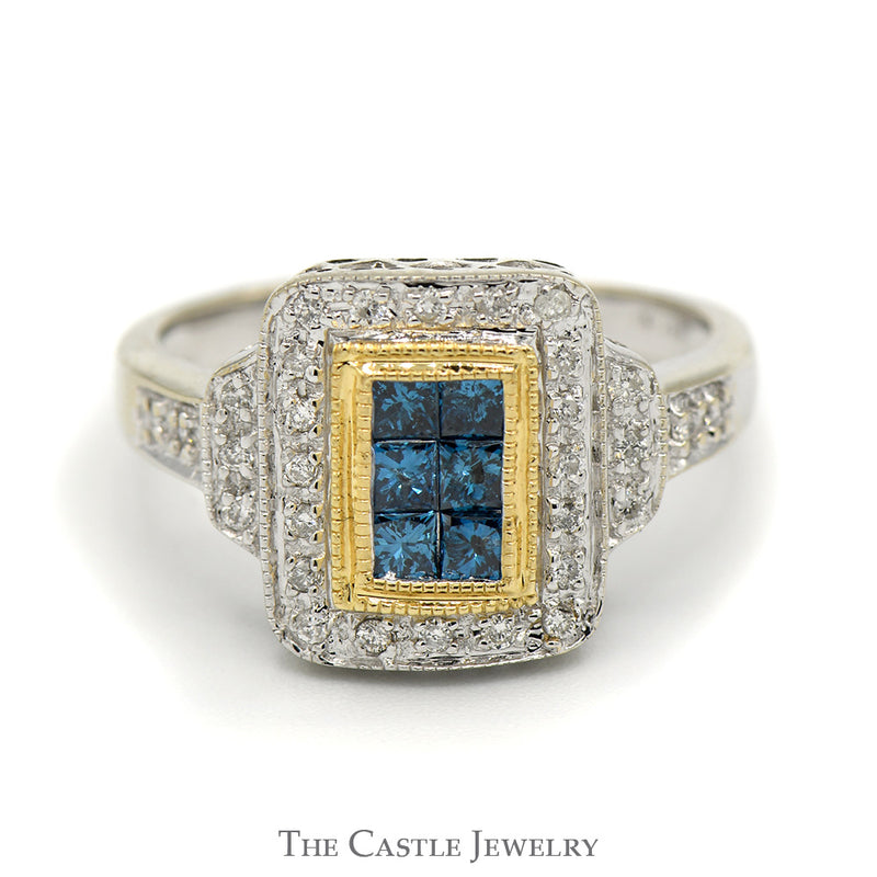 Invisiset Blue Diamond Cluster Ring with Diamond Halo and Accents in 14k Two Tone Gold