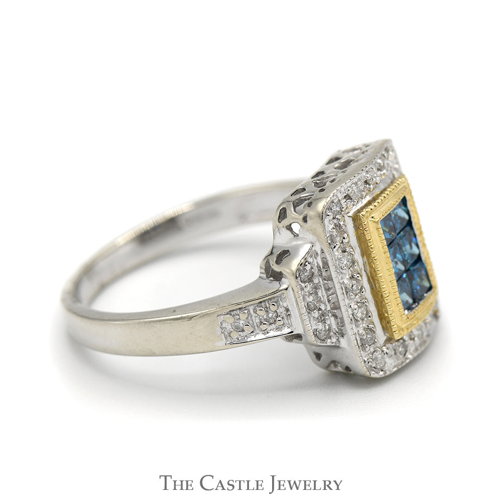 Invisiset Blue Diamond Cluster Ring with Diamond Halo and Accents in 14k Two Tone Gold