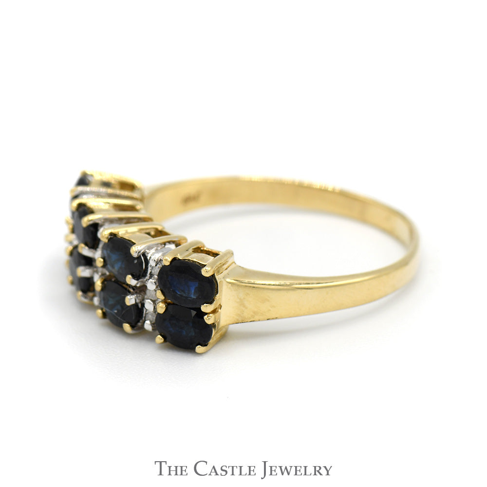 Double Row Oval Sapphire & Round Diamond Cluster Band in 14k Yellow Gold