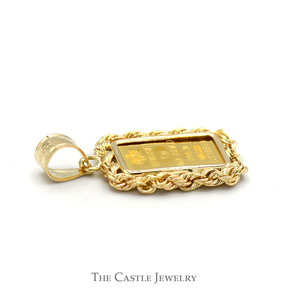 24k Suisse "Lady Fortuna" 1G Fine Gold Bar Pendant with Rope Bezel in 14k Yellow Gold