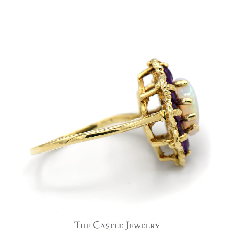 Marquise Opal Ring with Amethyst Halo and Floral Bezel in 14k Yellow Gold