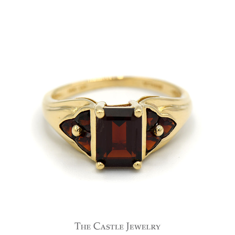 Emerald Cut Garnet Ring with Triangle Shaped Garnet Cluster Accented Sides in 14k Yellow Gold