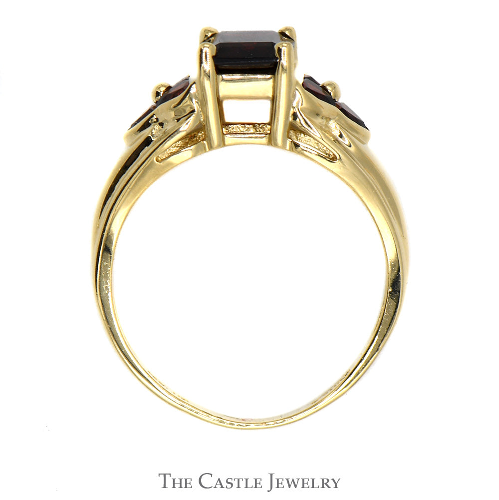 Emerald Cut Garnet Ring with Triangle Shaped Garnet Cluster Accented Sides in 14k Yellow Gold