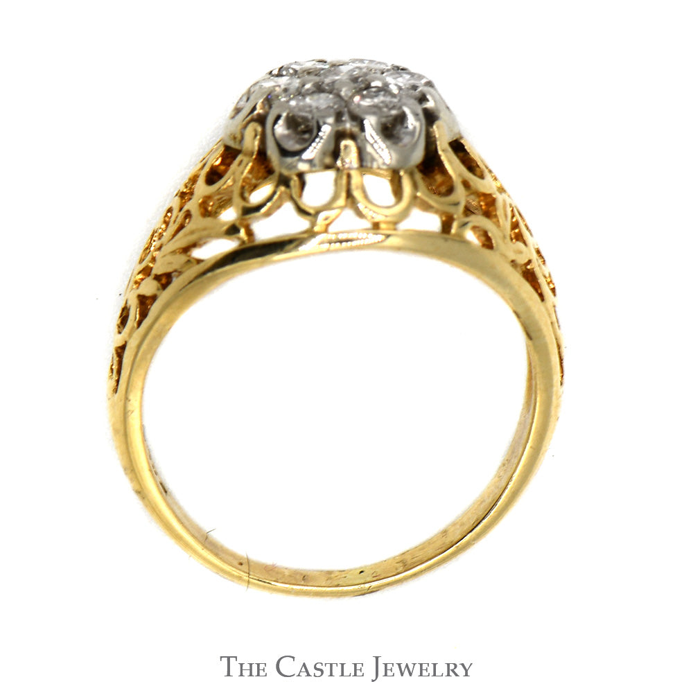 1/2cttw 7 Stone Kentucky Diamond Cluster Ring with Filigree Sides in 14k Yellow Gold