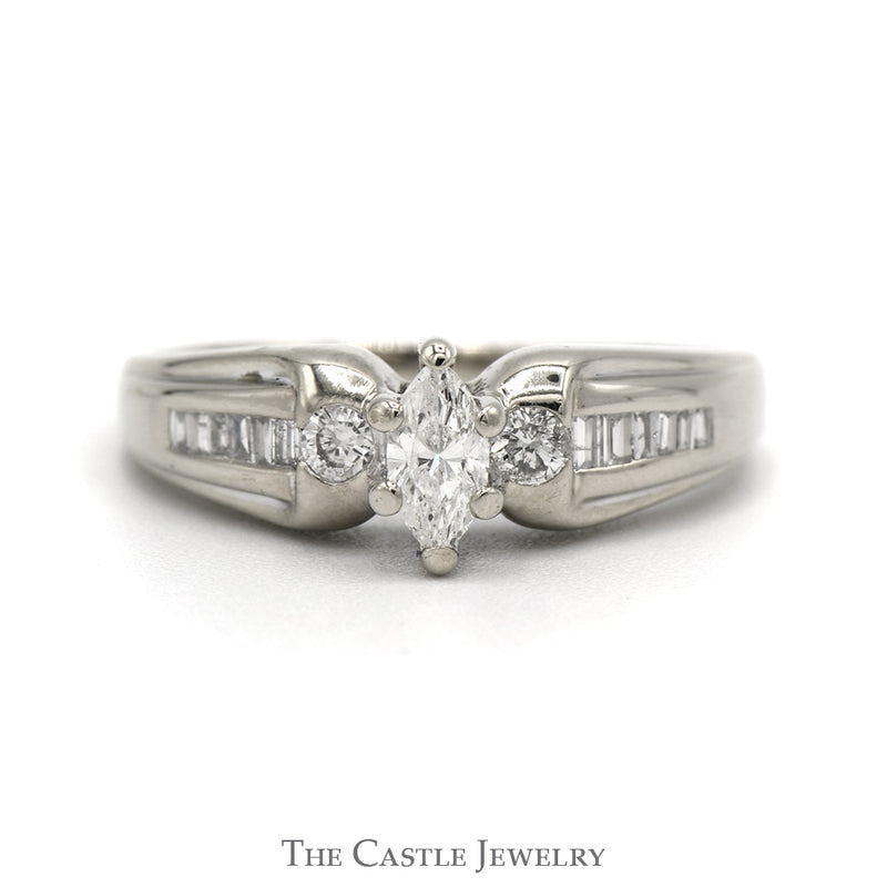 Marquise Cut Diamond Engagement Ring with Round and Baguette Diamond Accents in 14k White Gold