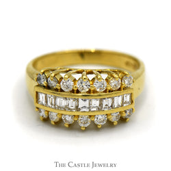 Channel Set Baguette Diamond Ring with Round Accents in 18K Gold