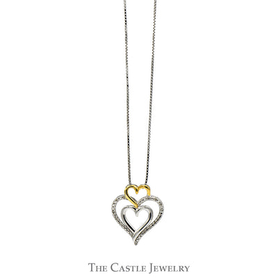 18" Diamond, Sterling Silver and Yellow Gold Triple Heart Necklace