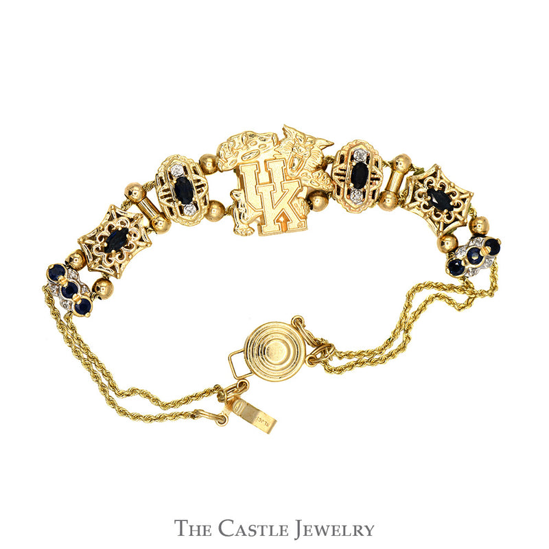 8 Inch UK Wildcat Logo Slide Bracelet with Diamond And Sapphire Accents in 14k Yellow Gold