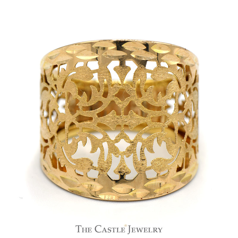 Open Filigree Designed Wide Tapered Dome Band in 14k Yellow Gold