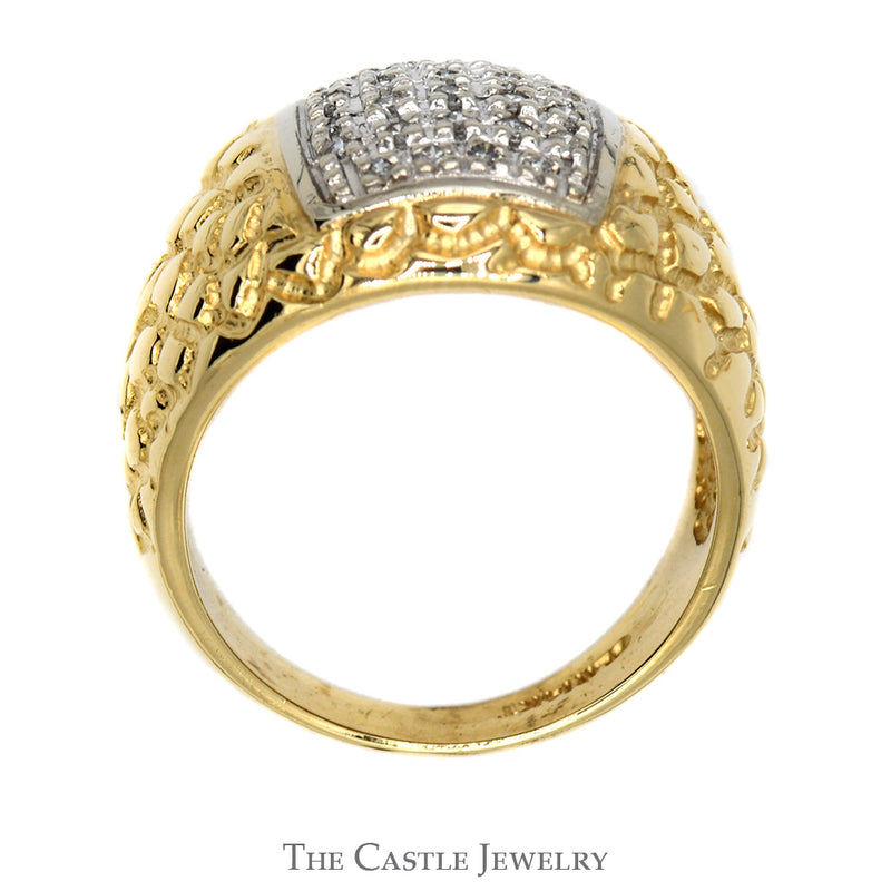 Men's Rectangular Diamond Cluster Ring in 14k Yellow Gold Nugget Designed Mounting
