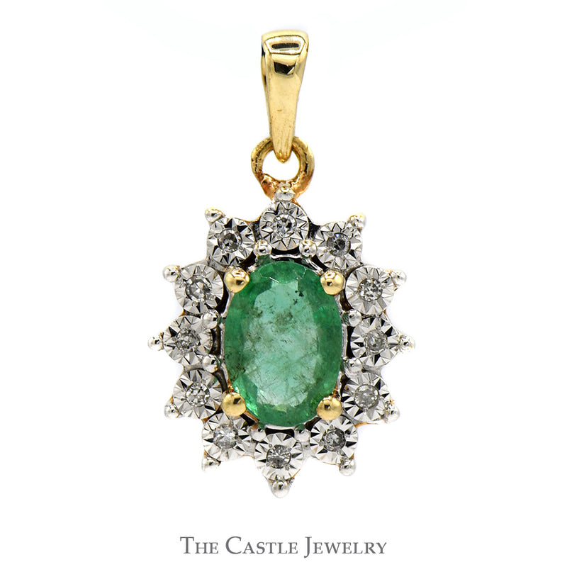 Oval Emerald Pendant with Illusion Set Diamond Halo in 10k Yellow Gold