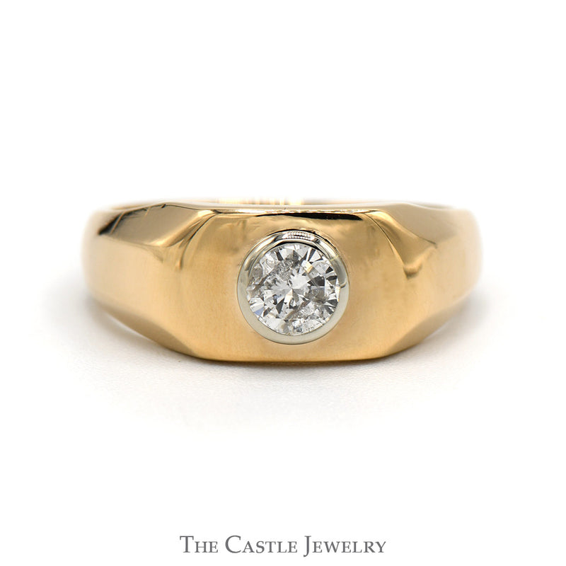 Men's Bezel Set Round Diamond Solitaire Ring in Polished 14k Yellow Gold