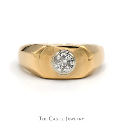 Men's Bezel Set Round Diamond Solitaire Ring in Polished 14k Yellow Gold