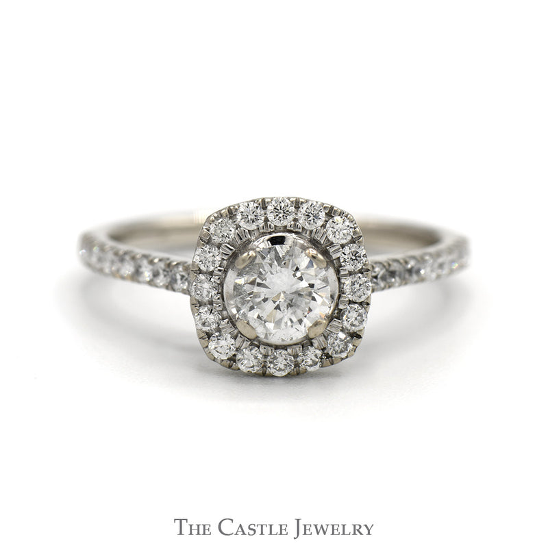 Round Diamond Engagement Ring with Diamond Halo and Accented Sides in 10k White Gold