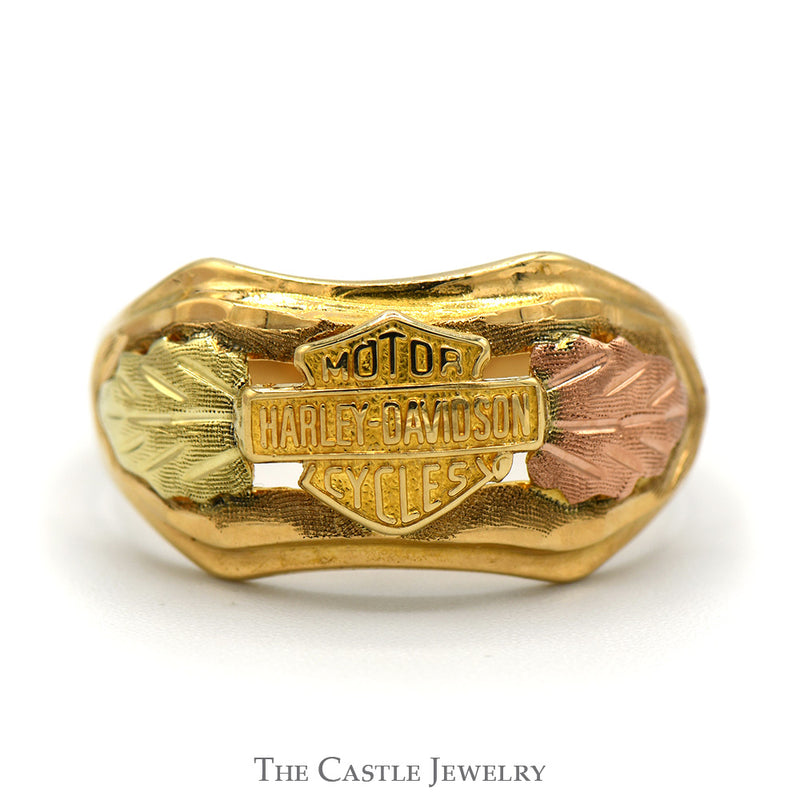 Harley Davidson Ring with Two Tone Leaf Design in 10k Rose and Yellow Gold