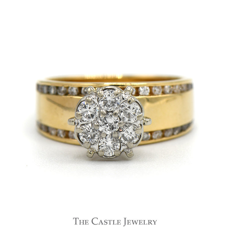 3/4cttw 7 Diamond Cluster Ring with Channel Set Diamond Accents in 14k Yellow Gold