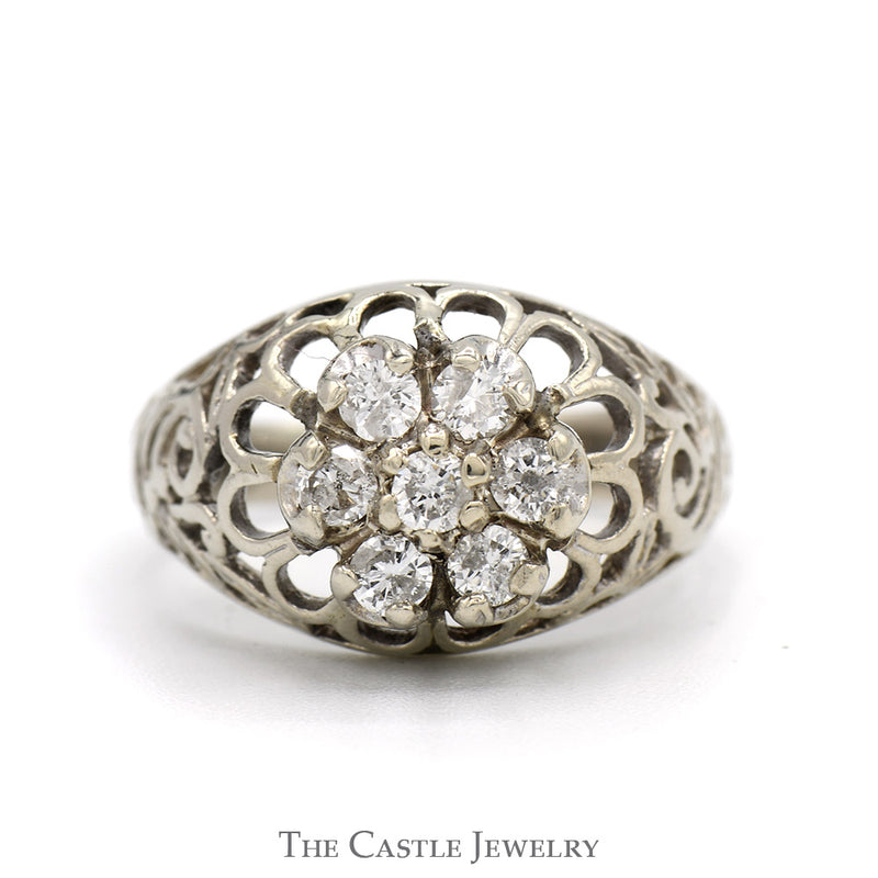 1/2cttw 7 Diamond Kentucky Cluster Ring with Open Filigree Sides in 10k White Gold