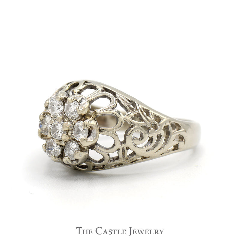 1/2cttw 7 Diamond Kentucky Cluster Ring with Open Filigree Sides in 10k White Gold